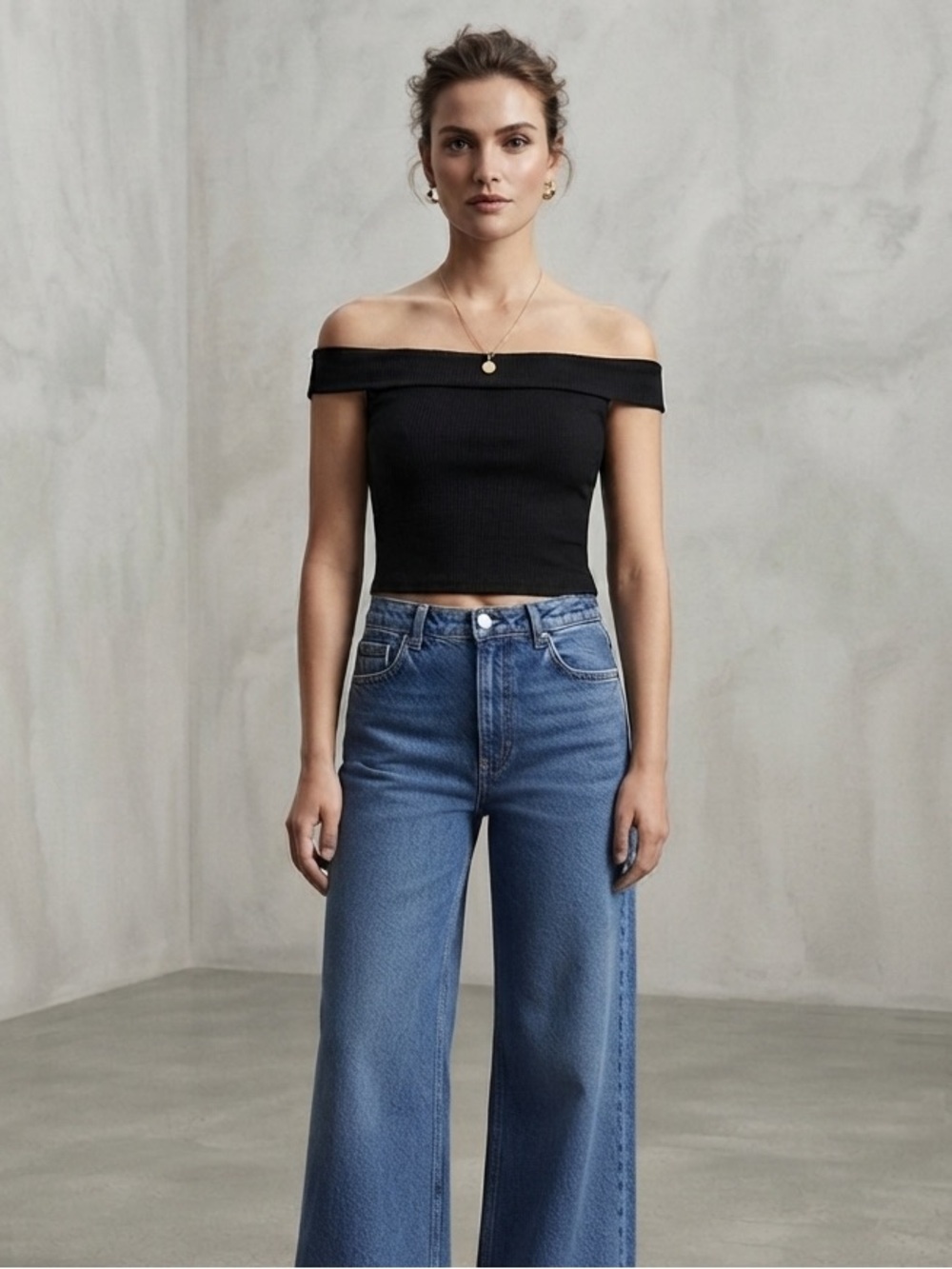 New Zara Black Off-the-Shoulder Ribbed Crop Top Size Medium Cotton